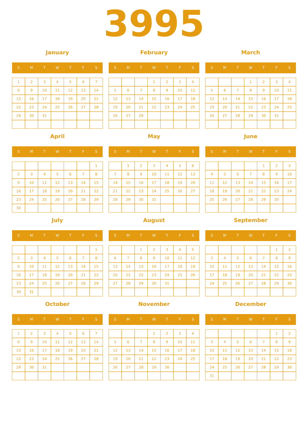 Printable 3995 Year Calendars gamboge