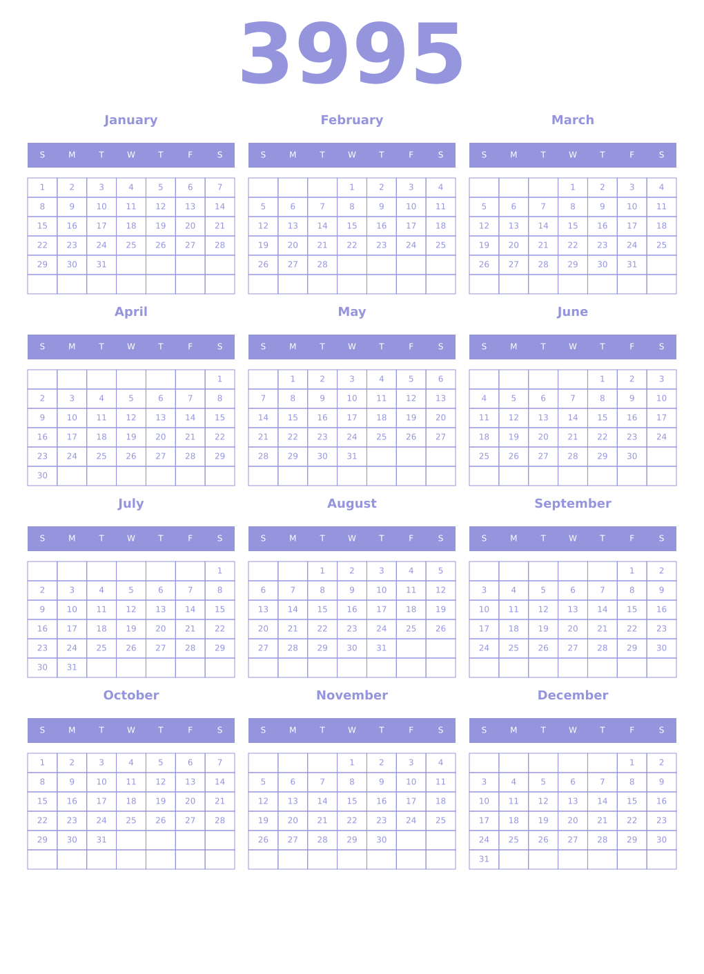 Printable 3995 Year Calendars periwinkle