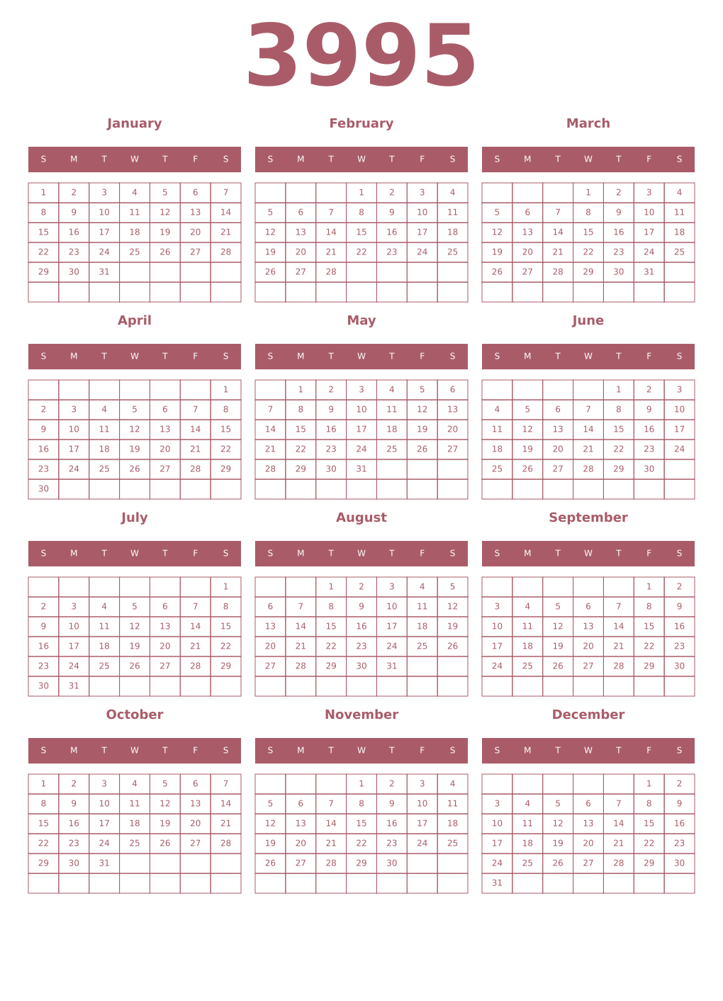 Printable 3995 Year Calendars puce