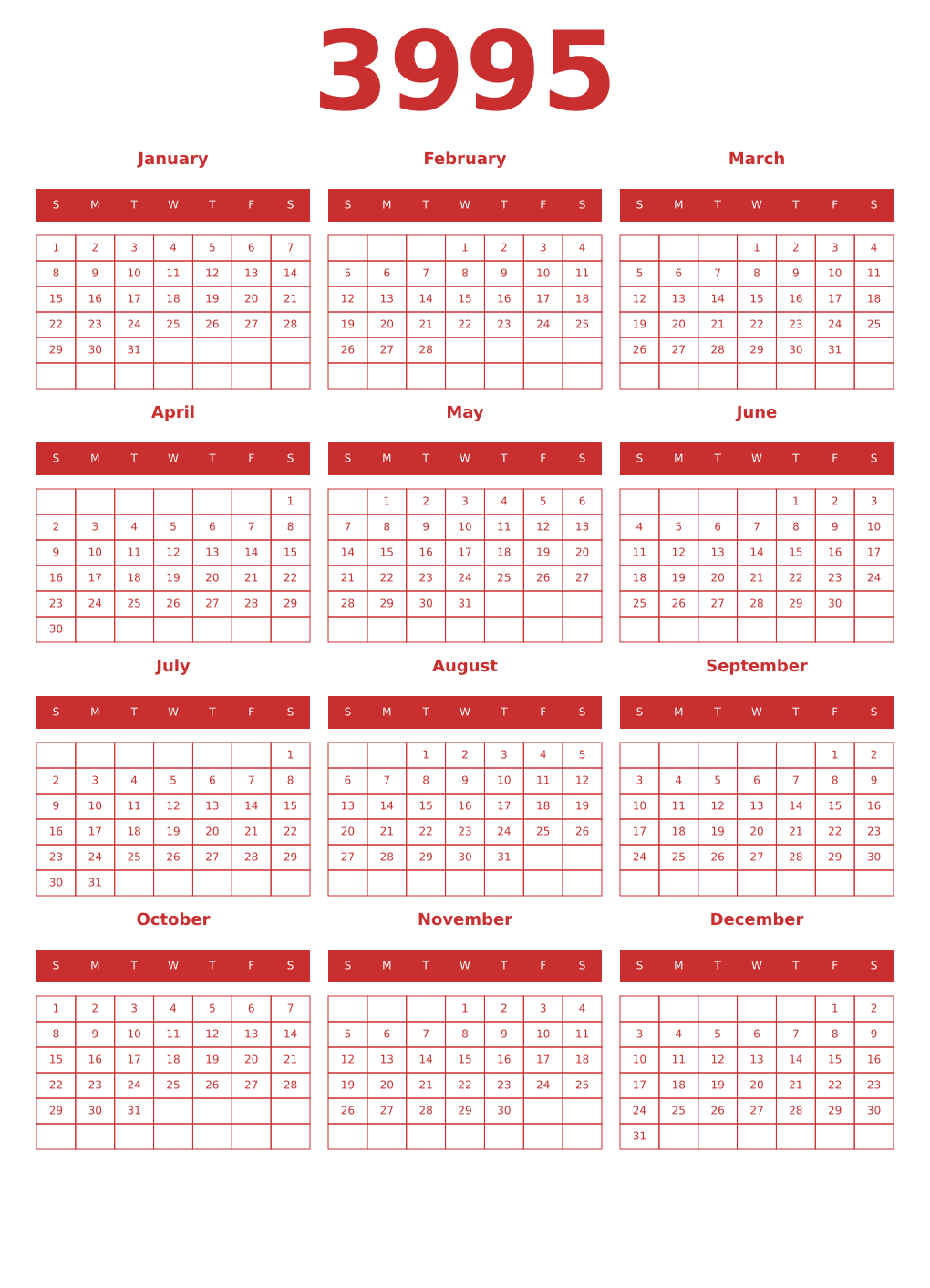 Printable 3995 Year Calendars red