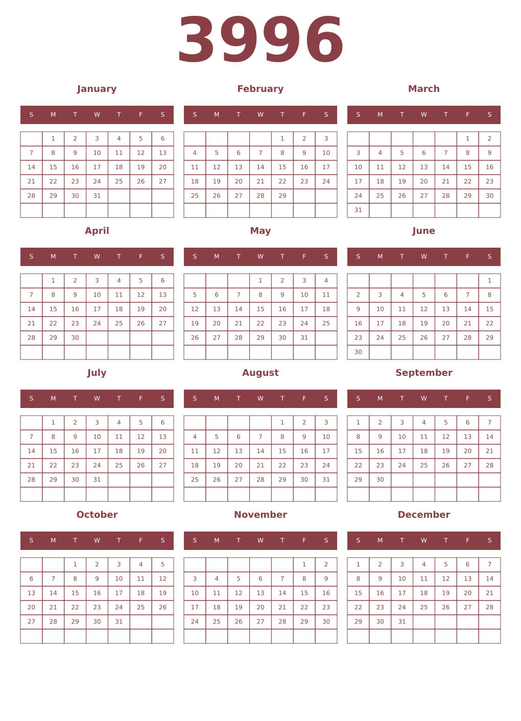 Printable 3996 Year Calendars cordovan