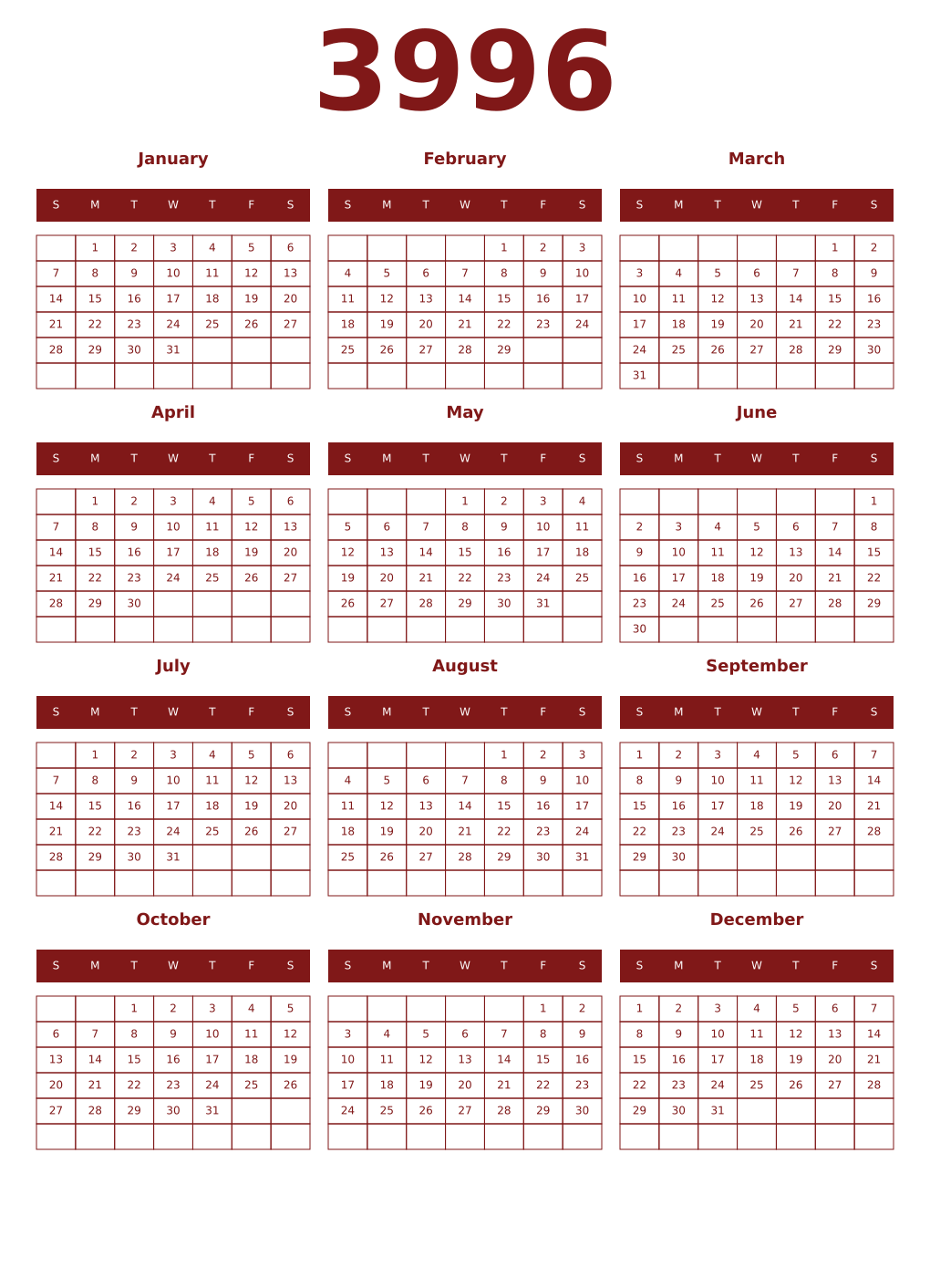 Printable 3996 Year Calendars falu