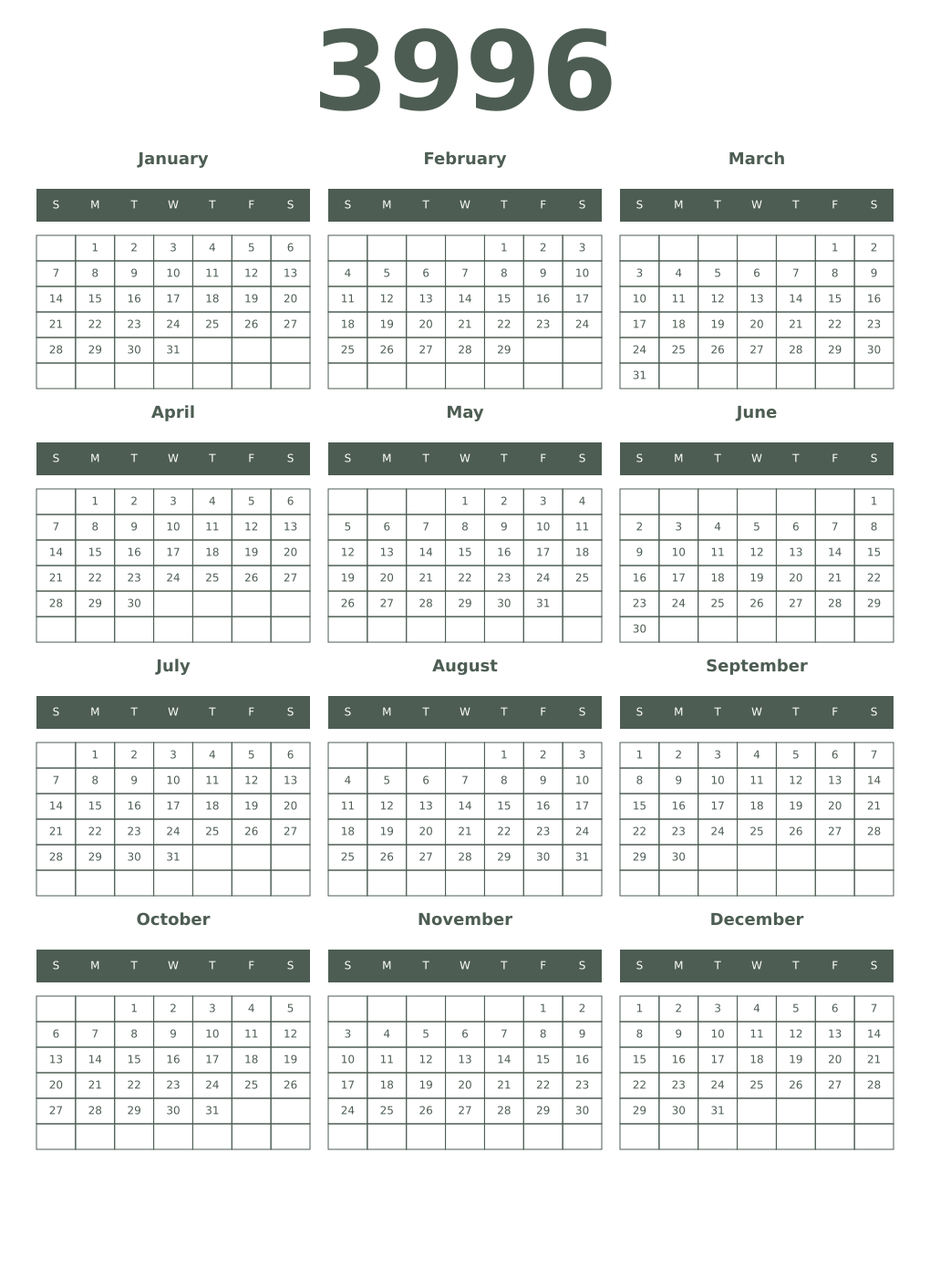 Printable 3996 Year Calendars feldgrau