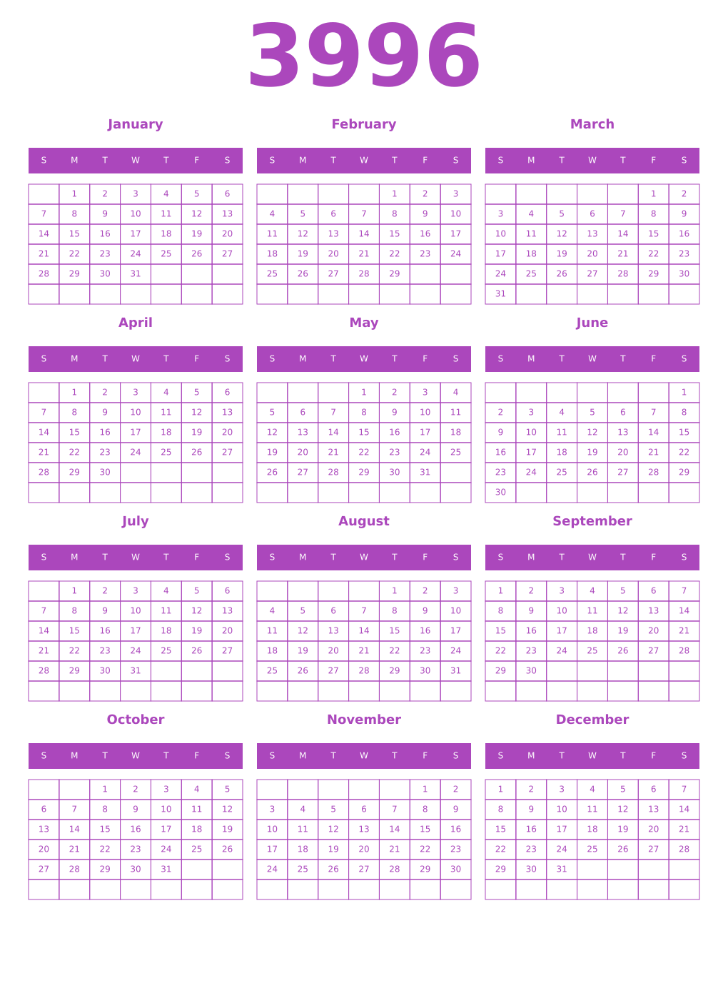 Printable 3996 Year Calendars purple