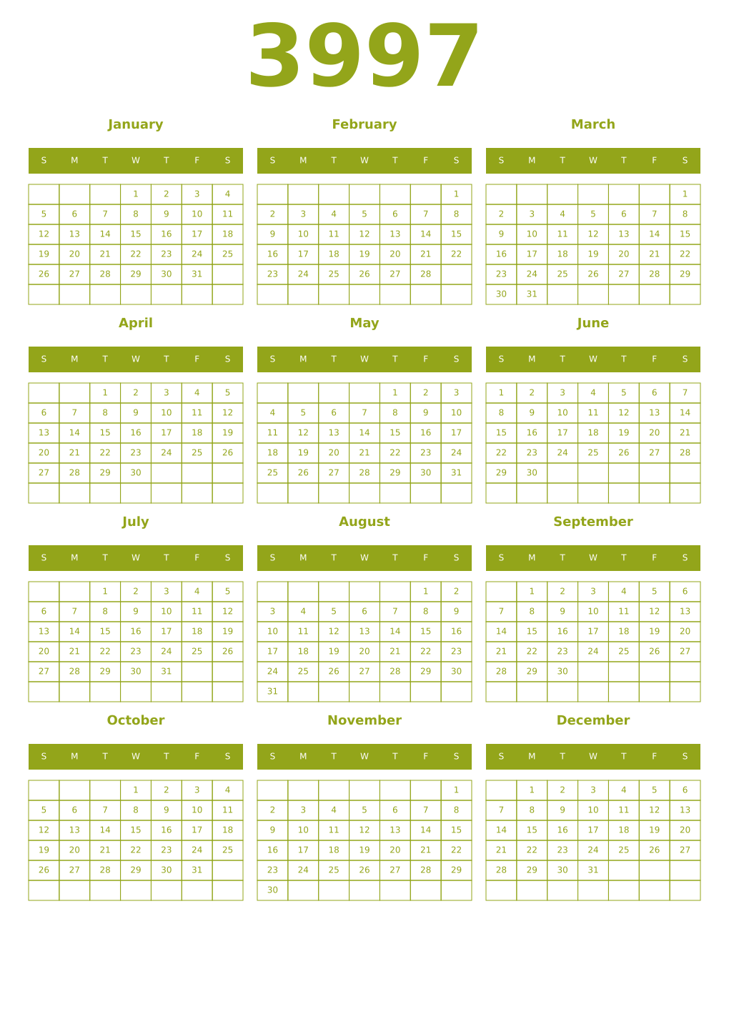 Printable 3997 Year Calendars chartreuse