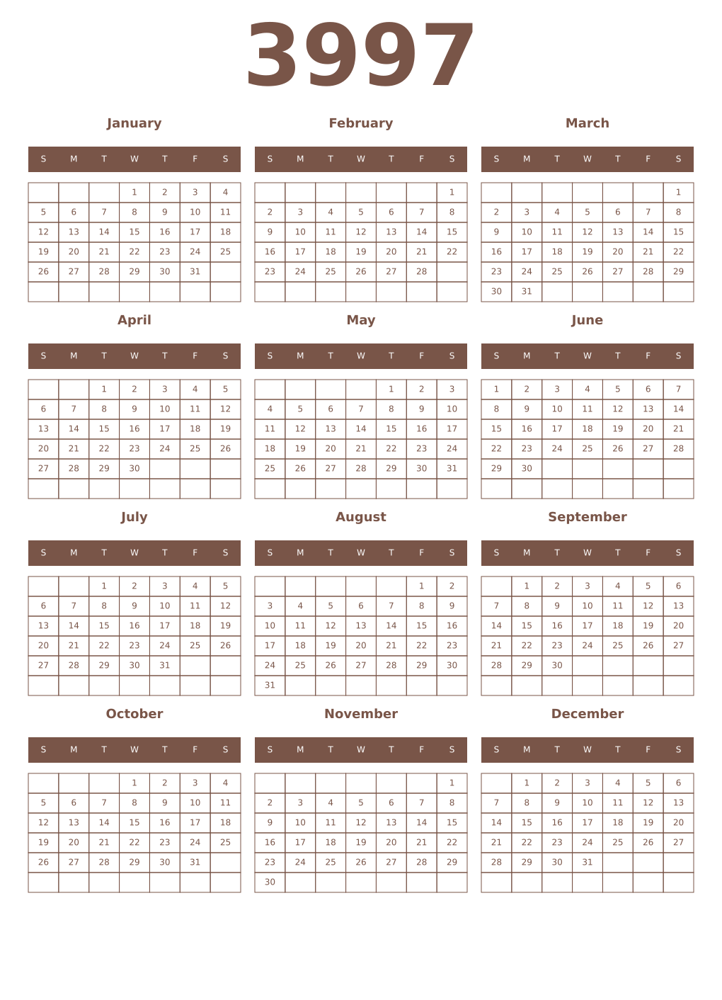 Printable 3997 Year Calendars coffe