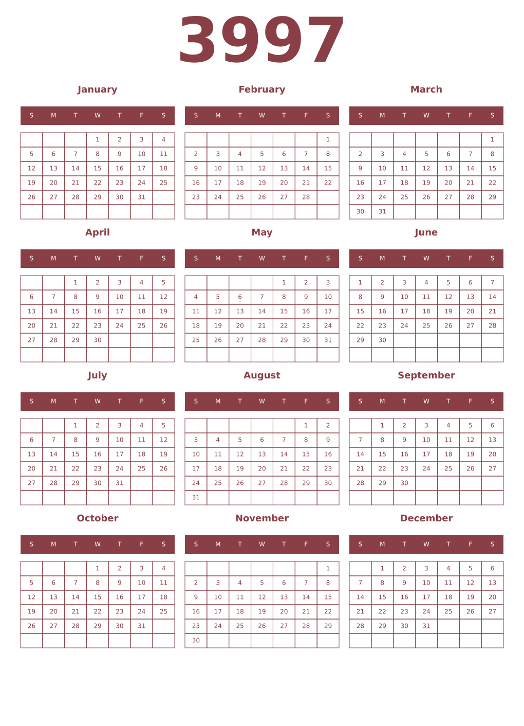 Printable 3997 Year Calendars cordovan