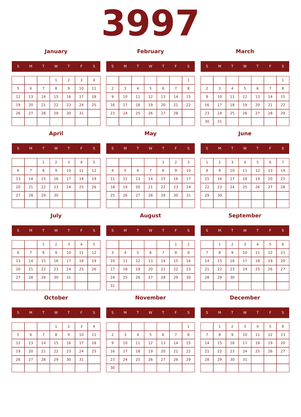 Printable 3997 Year Calendars falu