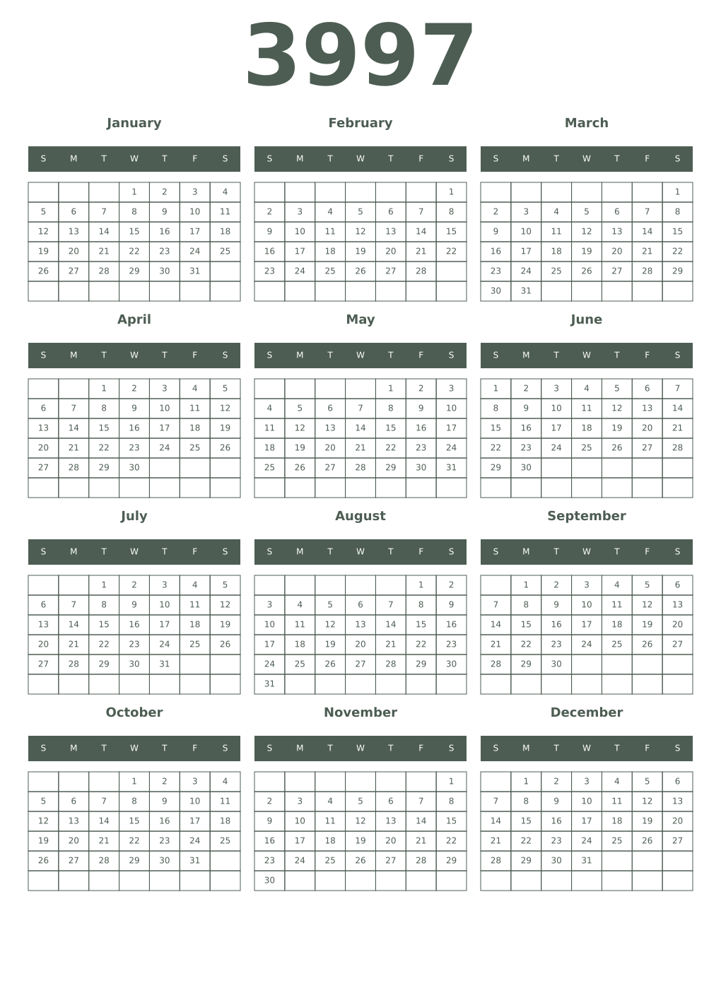 Printable 3997 Year Calendars feldgrau