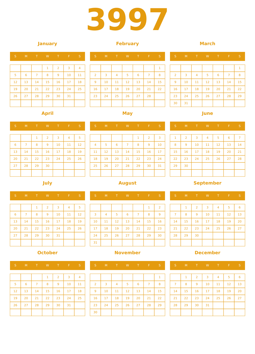 Printable 3997 Year Calendars gamboge