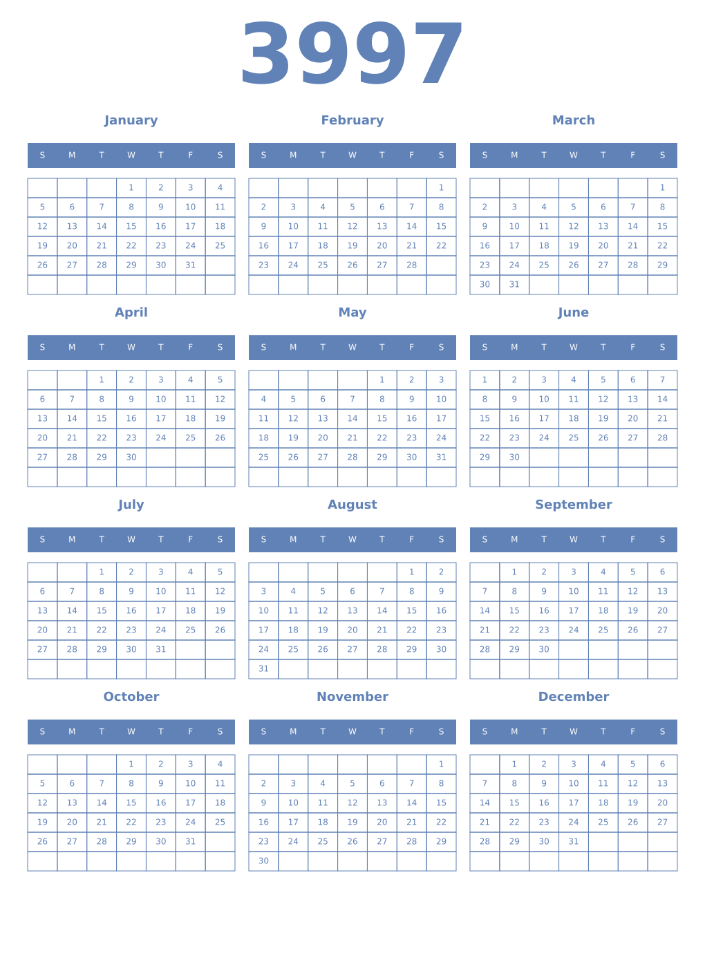 Printable 3997 Year Calendars glaucous