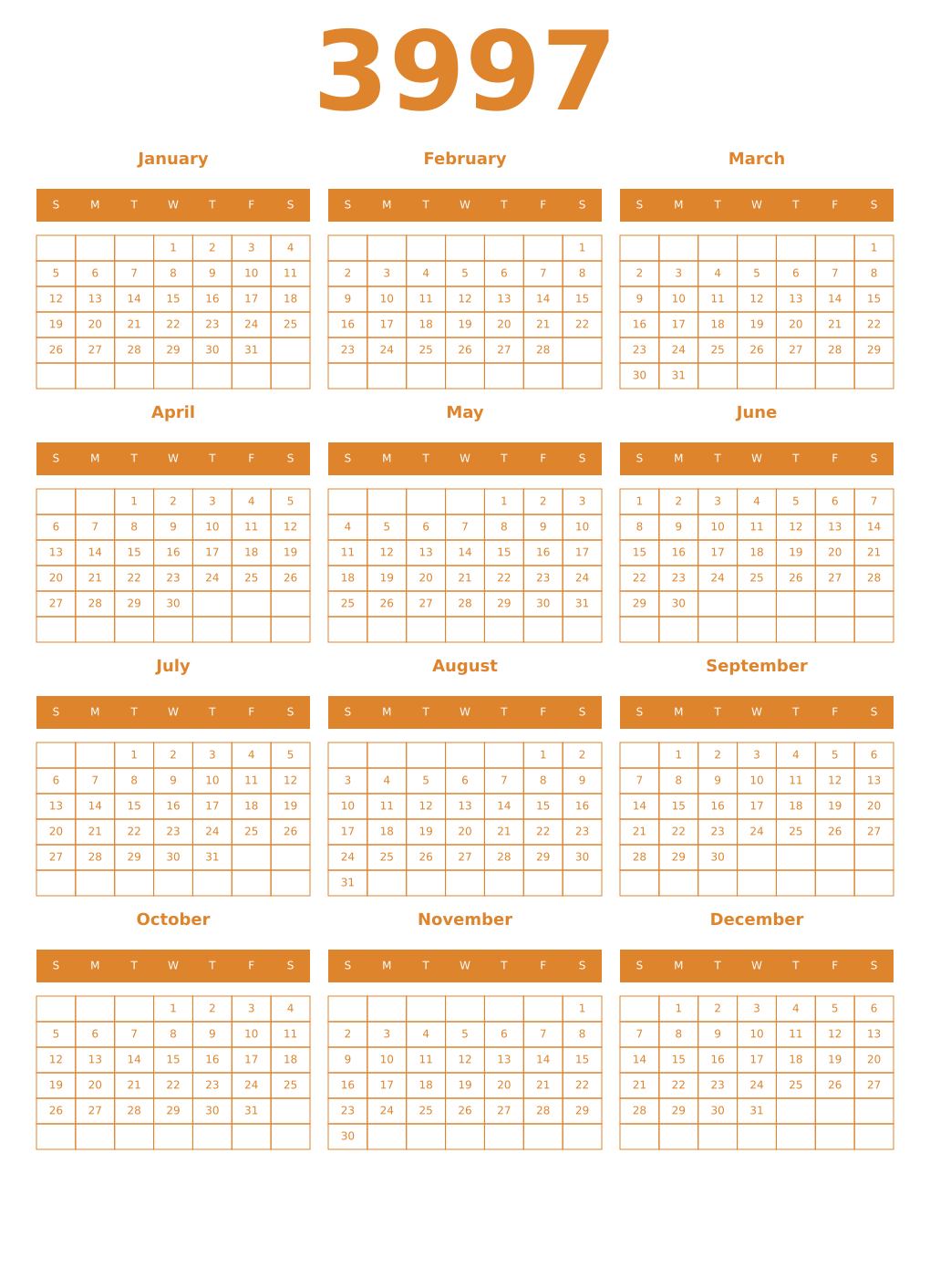 Printable 3997 Year Calendars orange