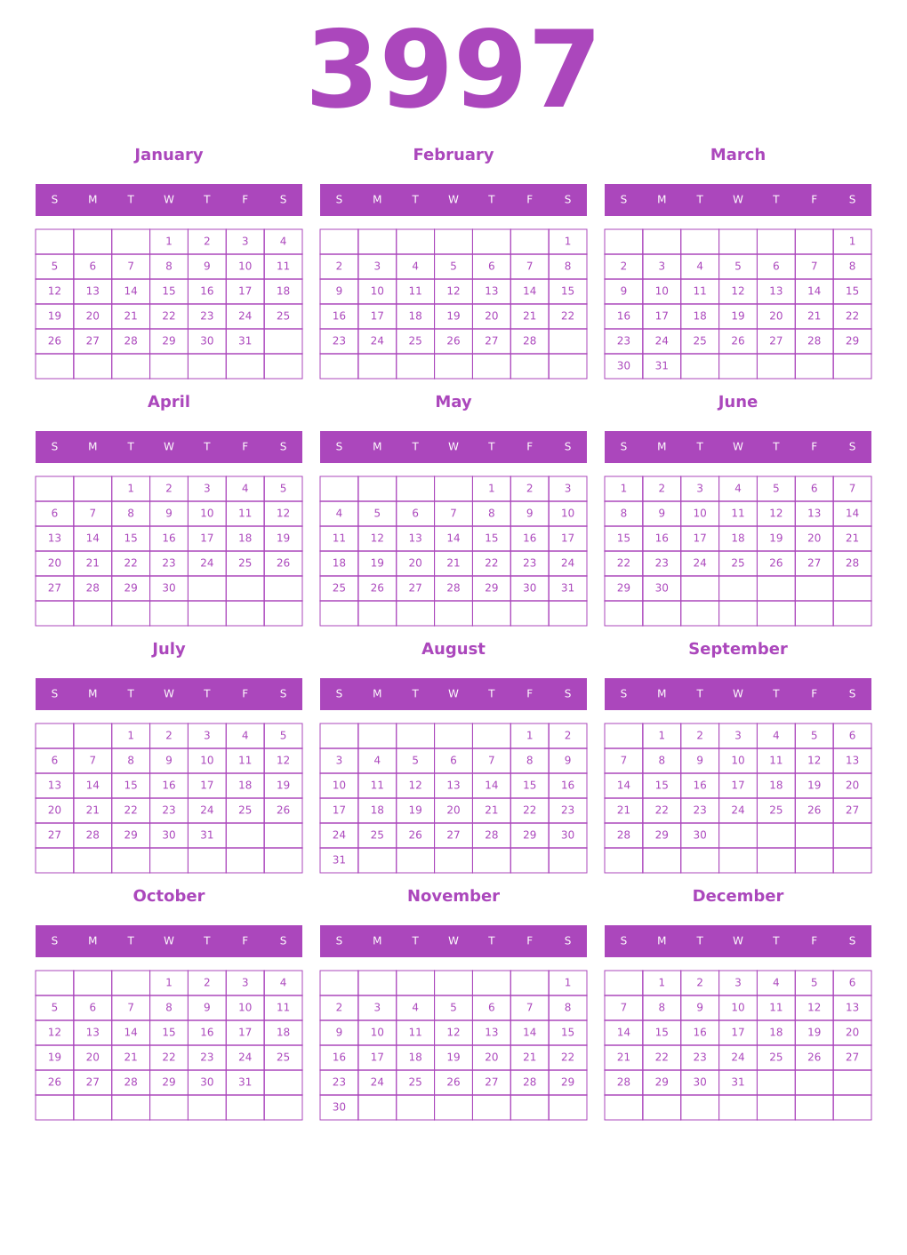 Printable 3997 Year Calendars purple