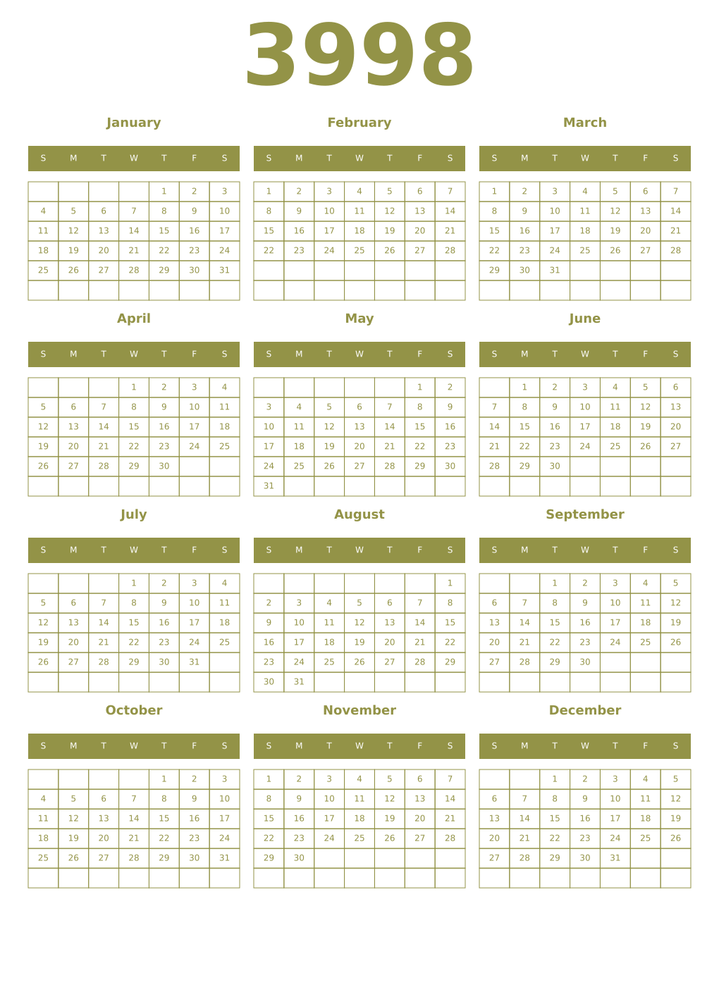 Printable 3998 Year Calendars eburnean