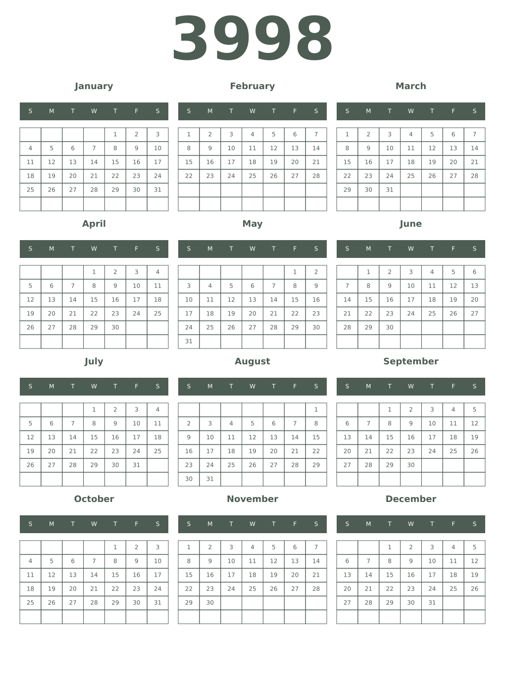 Printable 3998 Year Calendars feldgrau