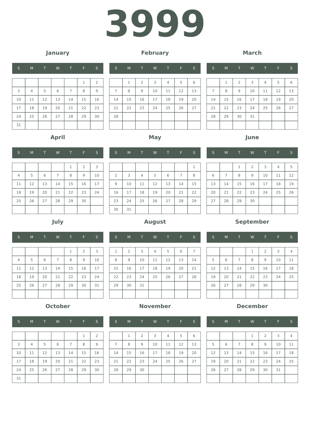 Printable 3999 Year Calendars feldgrau