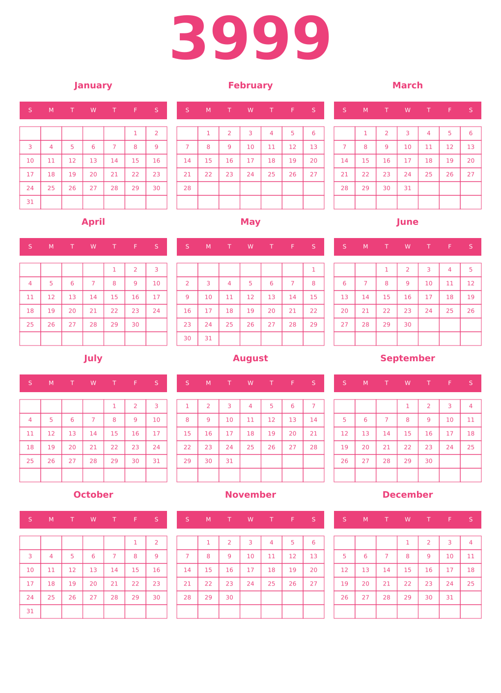 Printable 3999 Year Calendars pink