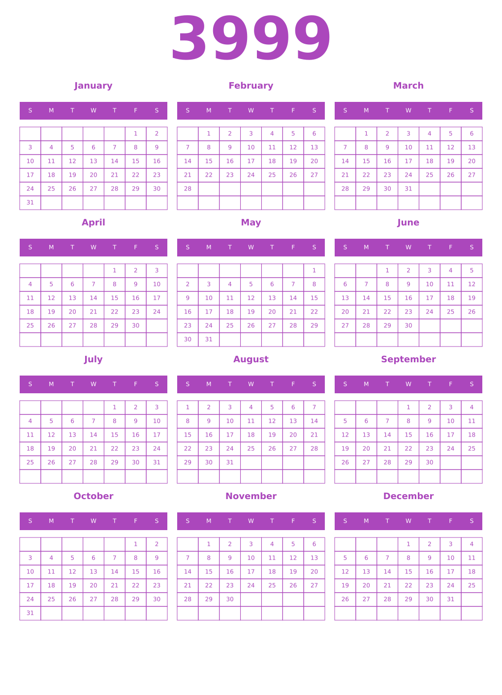 Printable 3999 Year Calendars purple