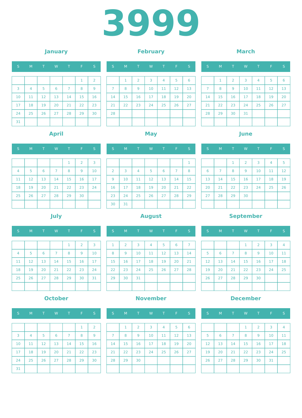 Printable 3999 Year Calendars verdigris