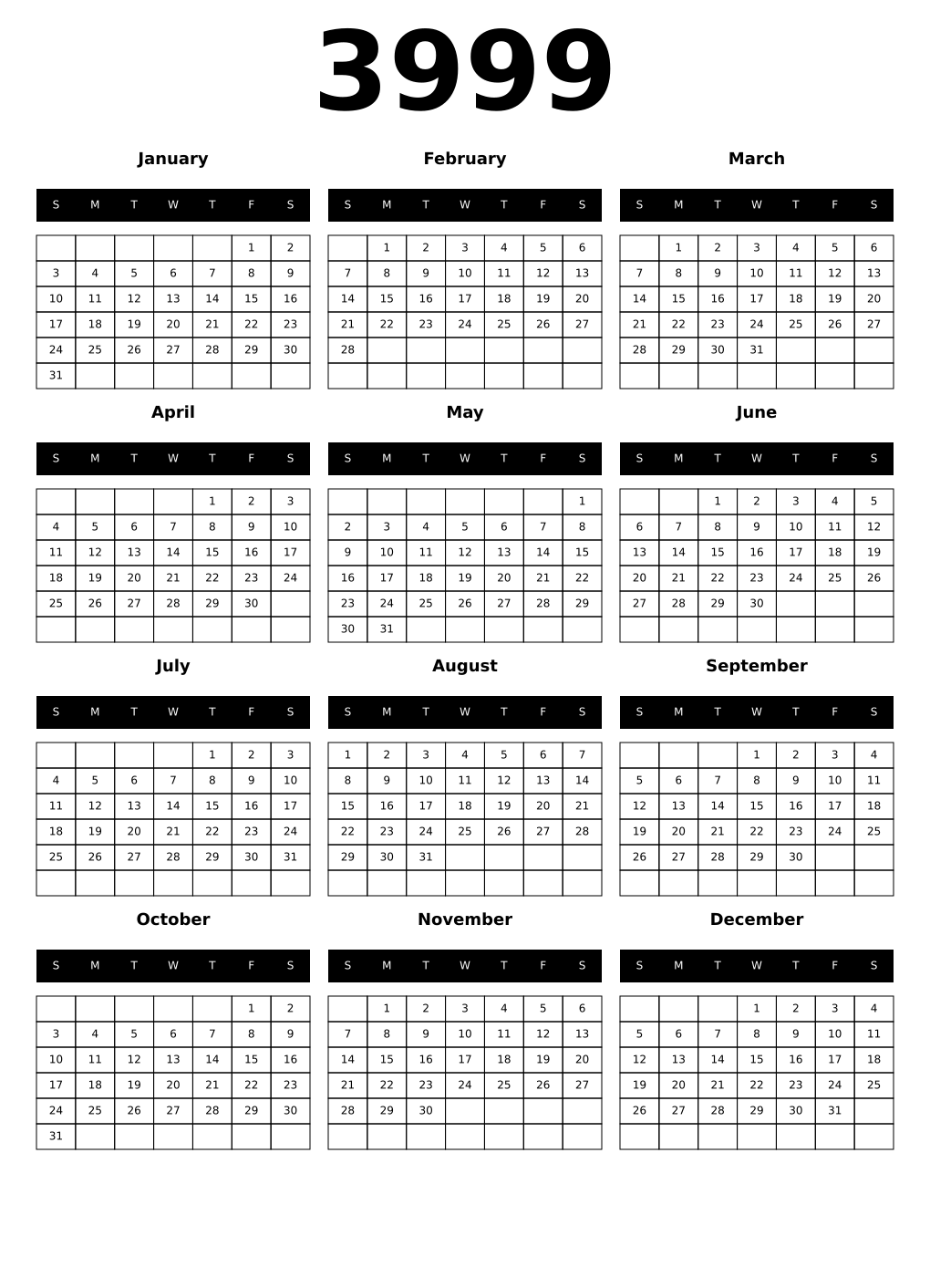 Printable 3999 Calendars