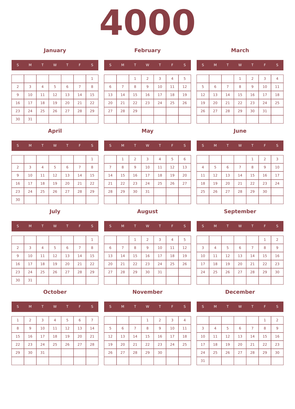 Printable 4000 Year Calendars cordovan