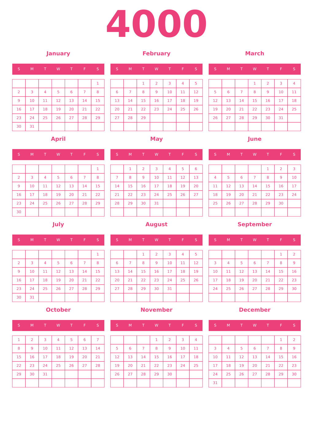 Printable 4000 Year Calendars pink