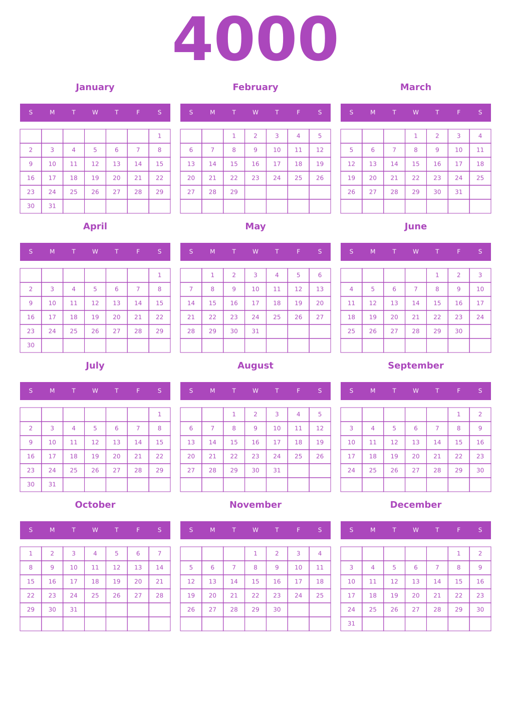 Printable 4000 Year Calendars purple