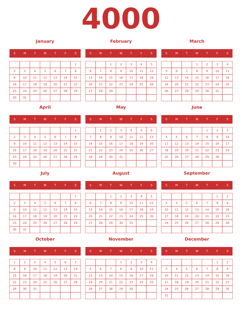 Printable 4000 Year Calendars red