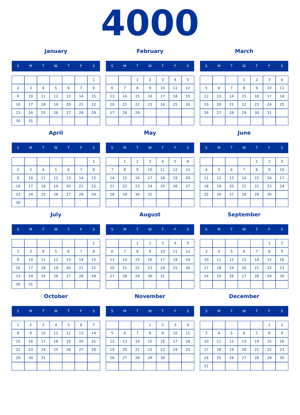 Printable 4000 Year Calendars smalt