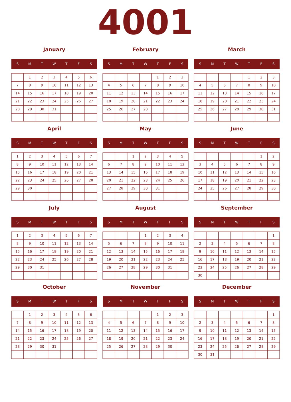 Printable 4001 Year Calendars falu