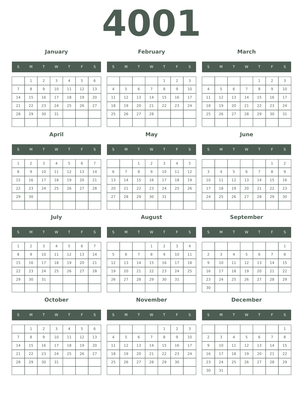 Printable 4001 Year Calendars feldgrau