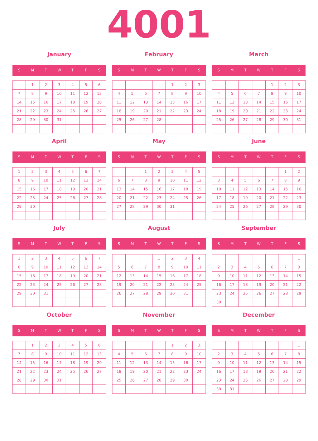 Printable 4001 Year Calendars pink