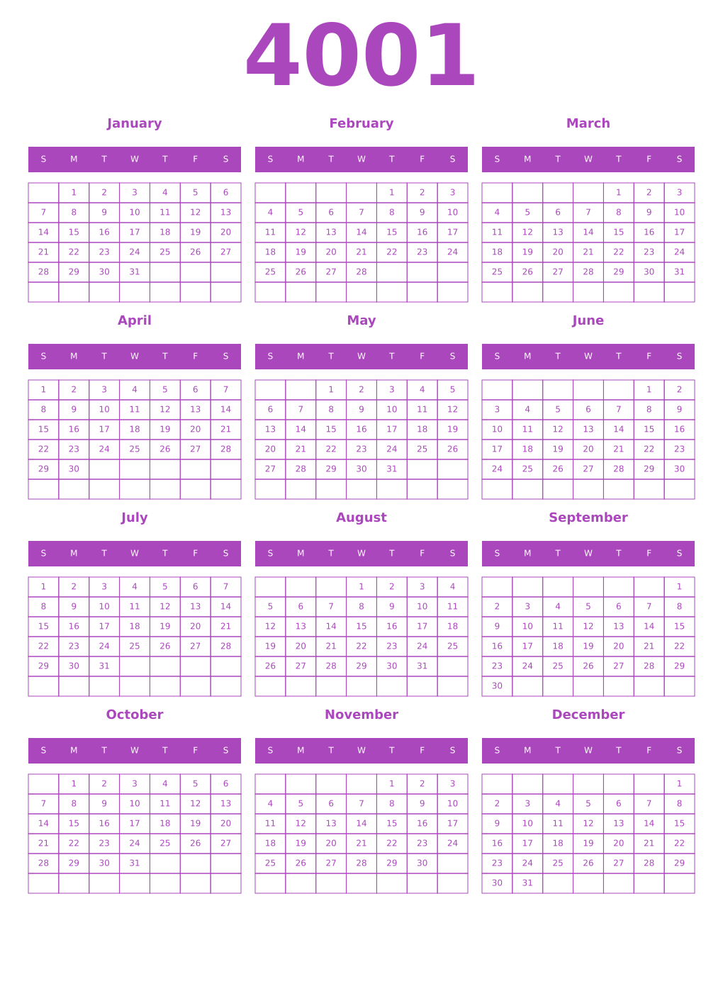 Printable 4001 Year Calendars purple