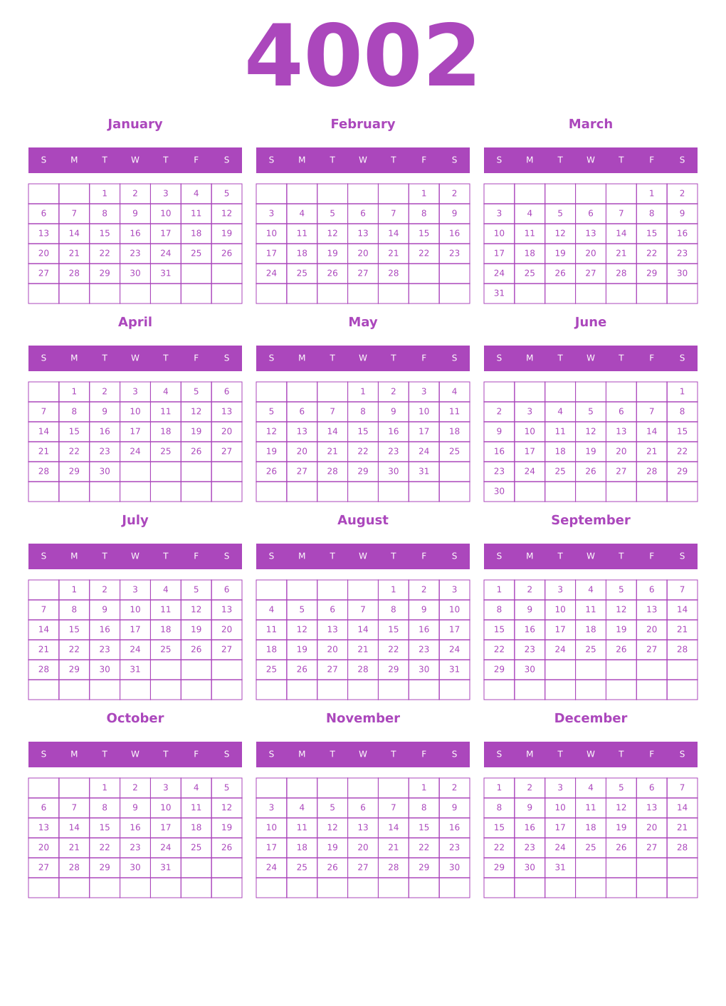 Printable 4002 Calendars