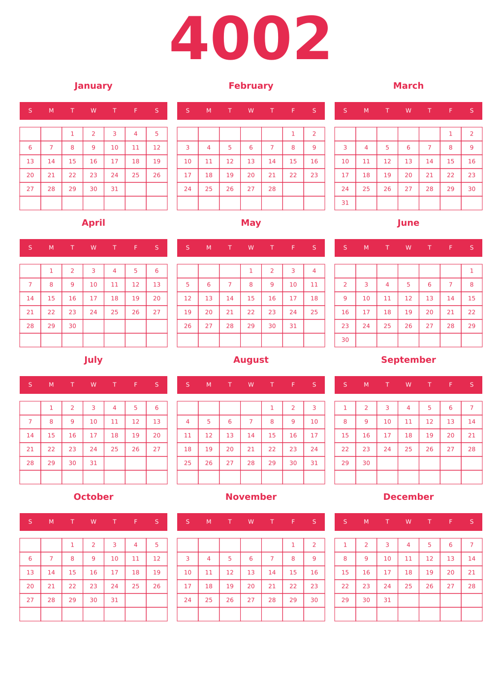 Printable 4002 Year Calendars amaranth