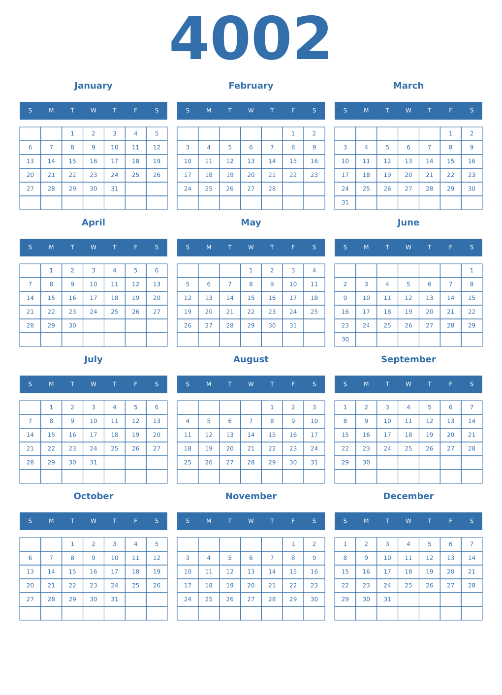 Printable 4002 Year Calendars blue