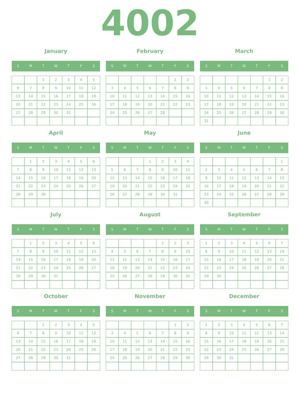 Printable 4002 Year Calendars celadon