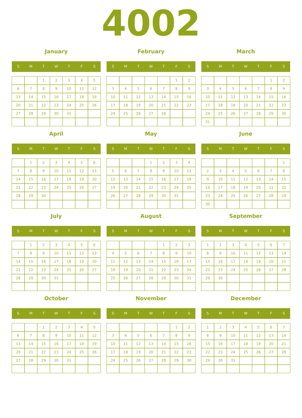 Printable 4002 Year Calendars chartreuse