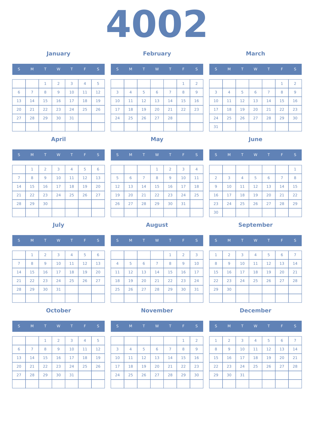Printable 4002 Year Calendars glaucous