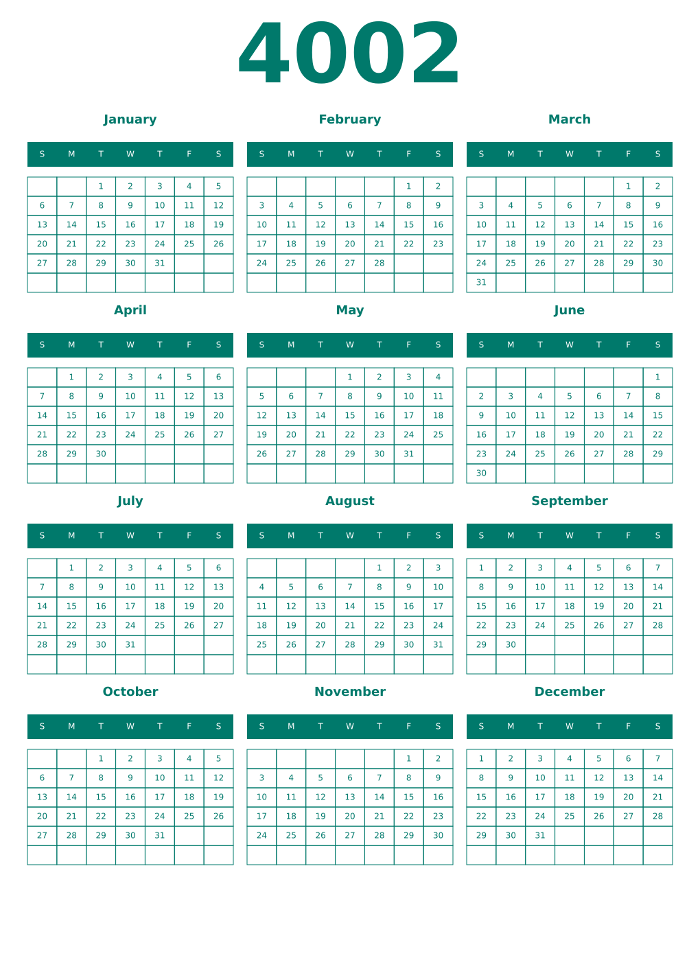 Printable 4002 Year Calendars pastel