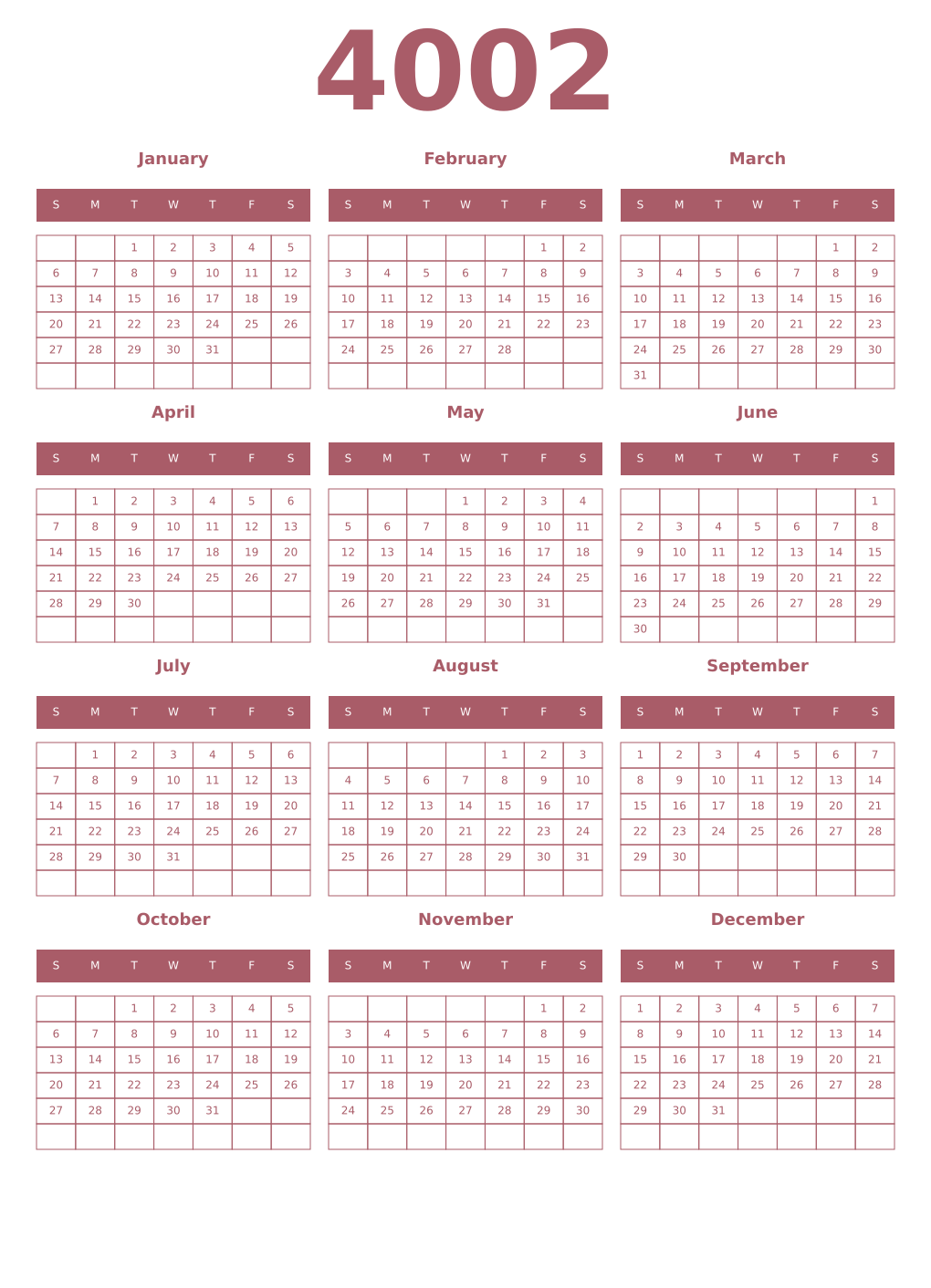Printable 4002 Year Calendars puce