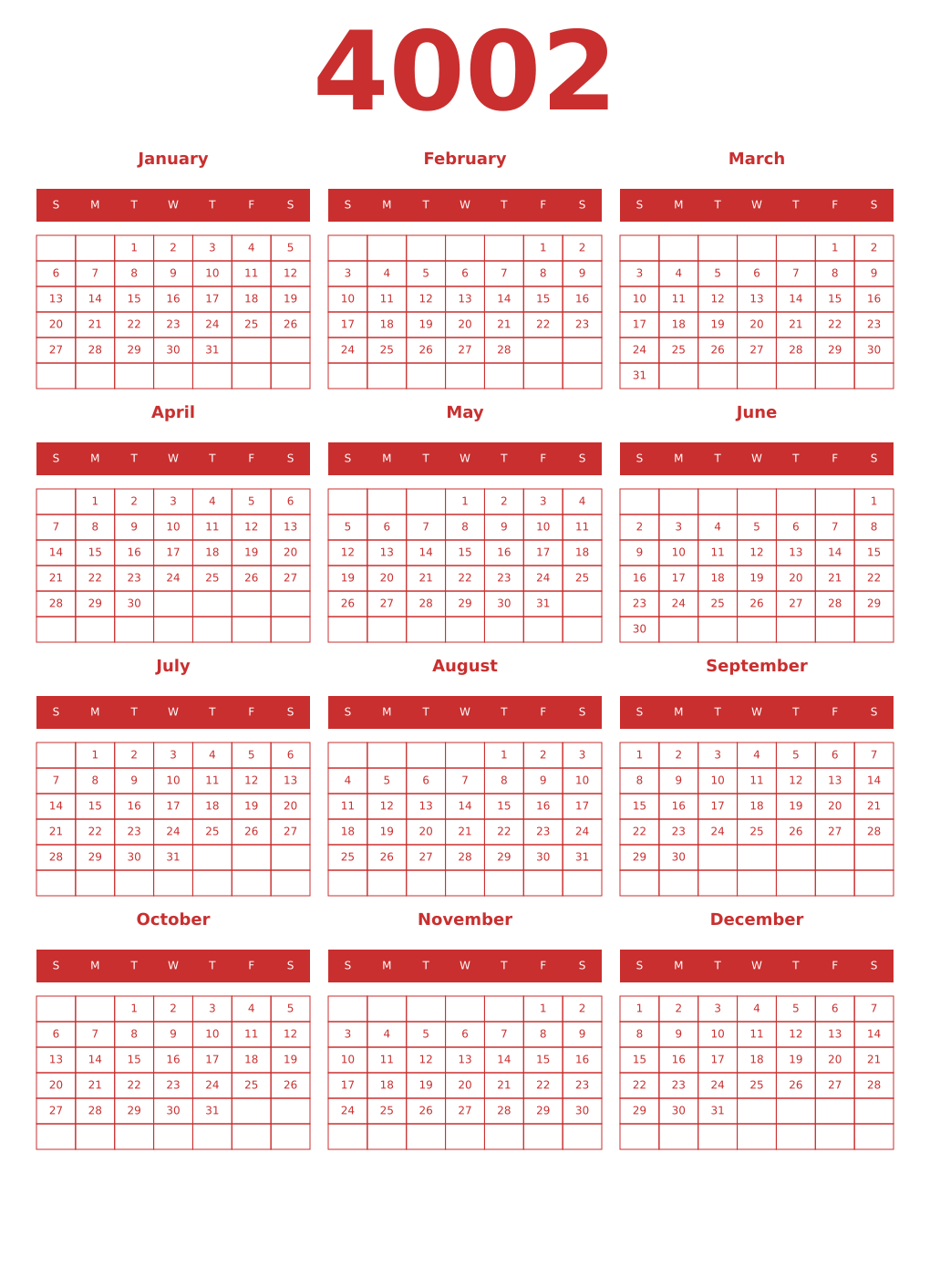 Printable 4002 Year Calendars red