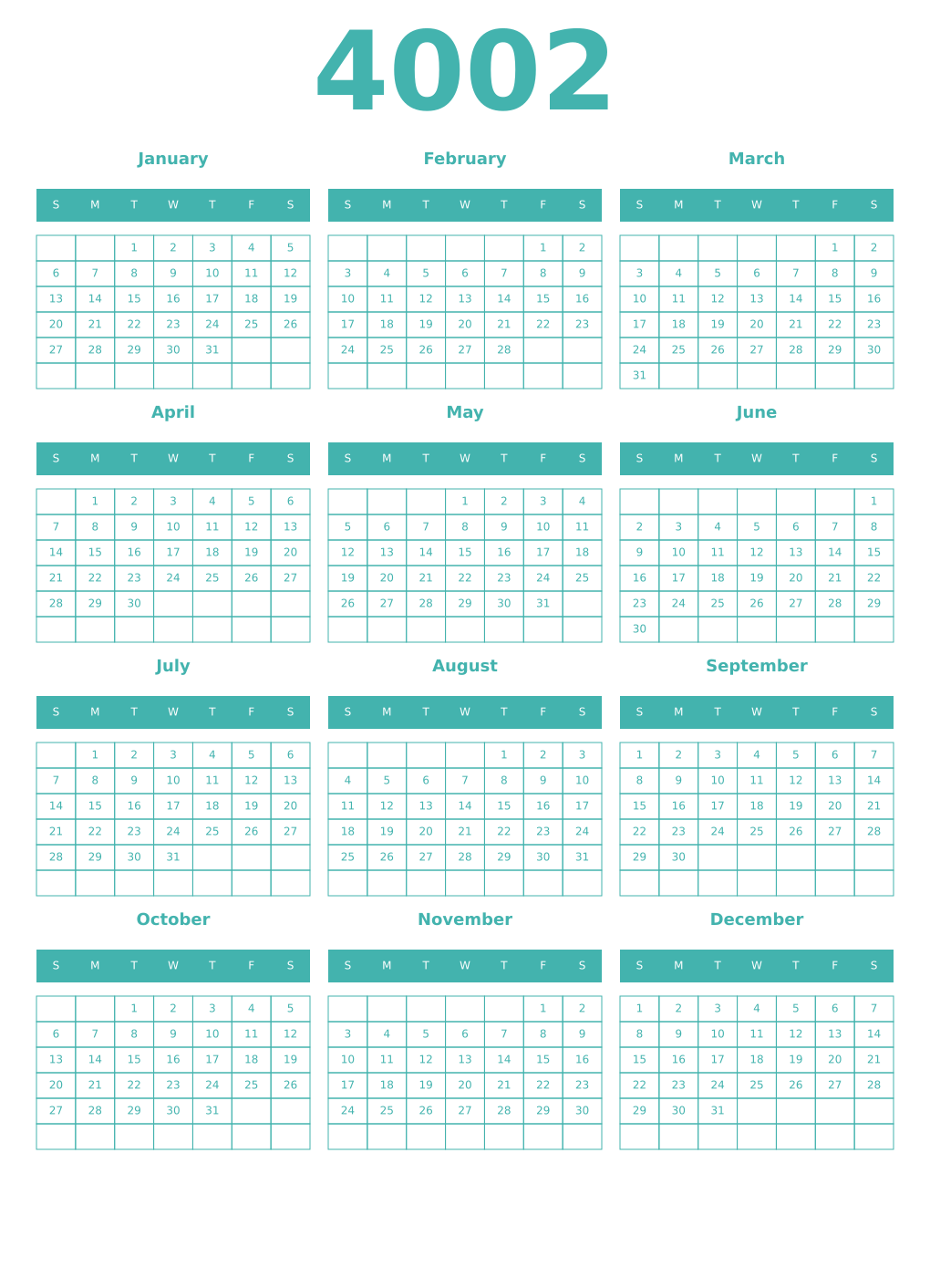 Printable 4002 Year Calendars verdigris