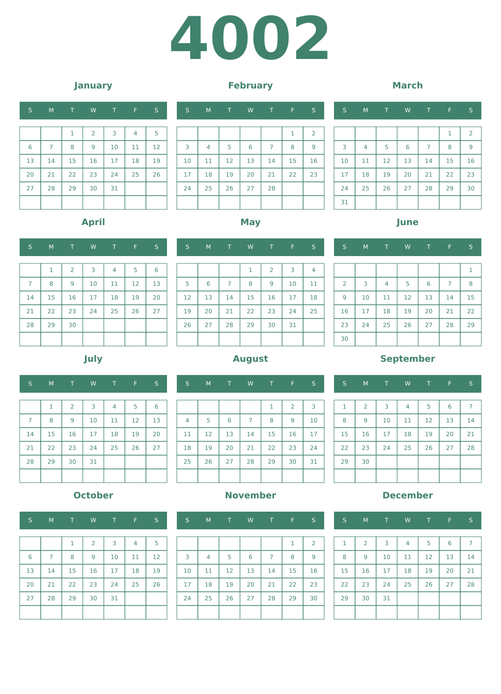 Printable 4002 Year Calendars viridian