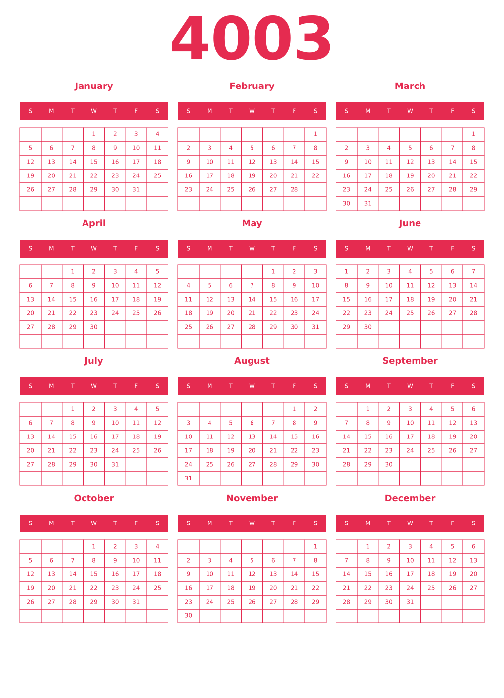 Printable 4003 Year Calendars amaranth