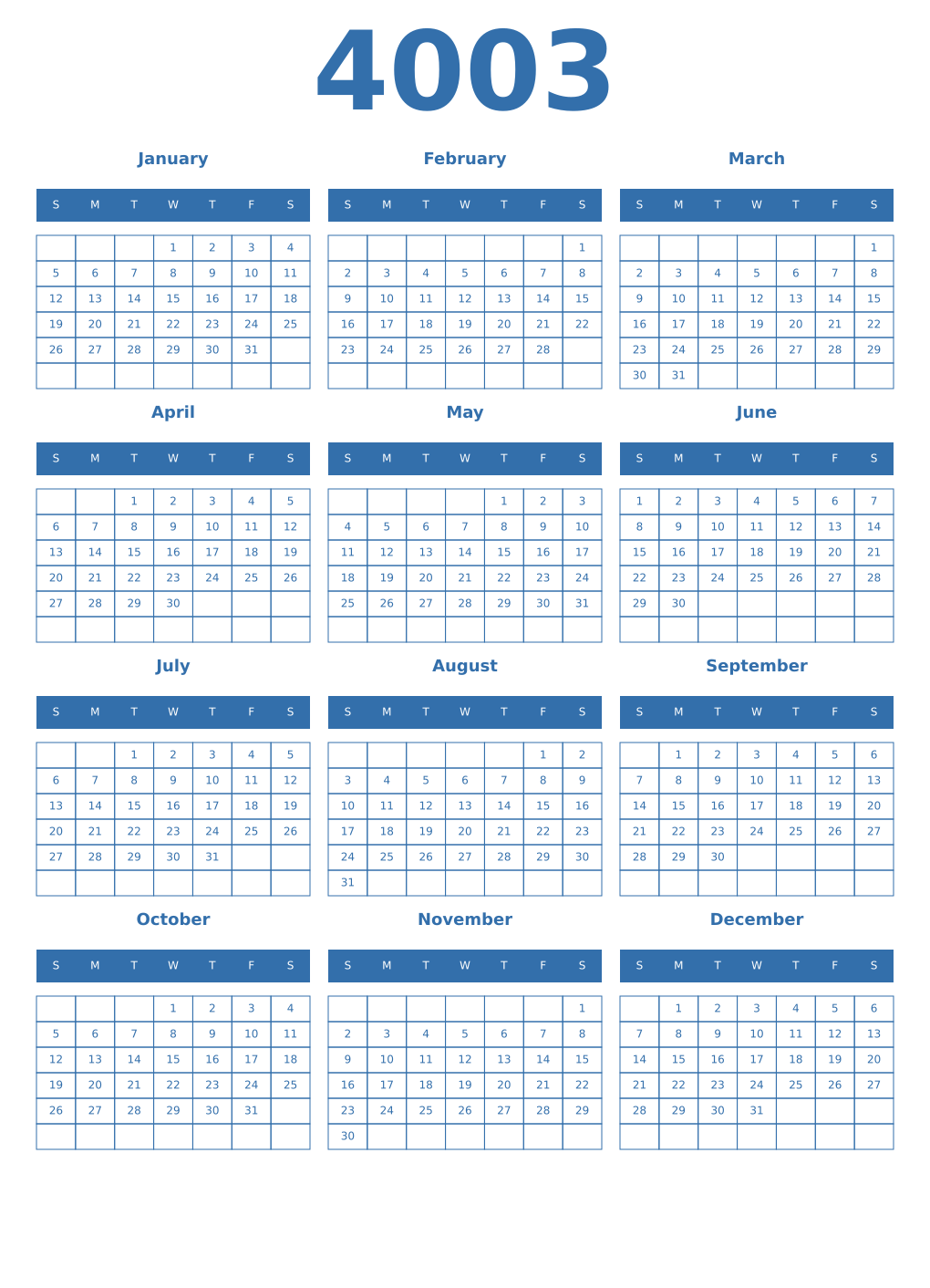 Printable 4003 Year Calendars blue