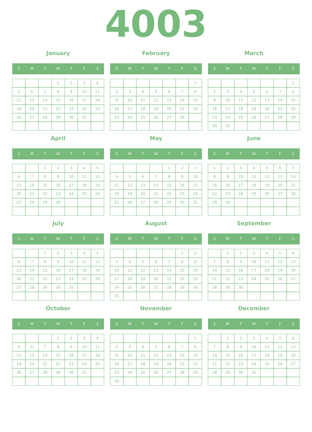 Printable 4003 Year Calendars celadon