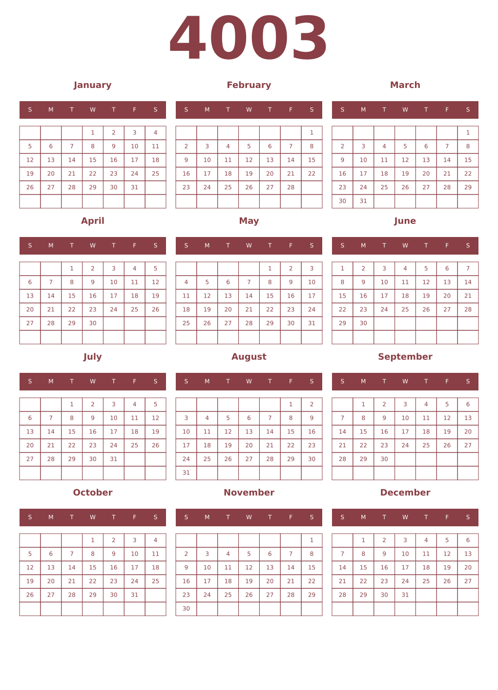 Printable 4003 Year Calendars cordovan