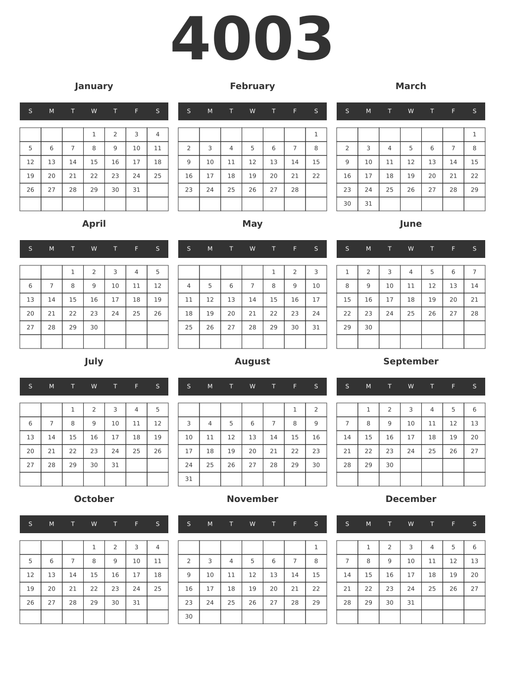 Printable 4003 Year Calendars dark