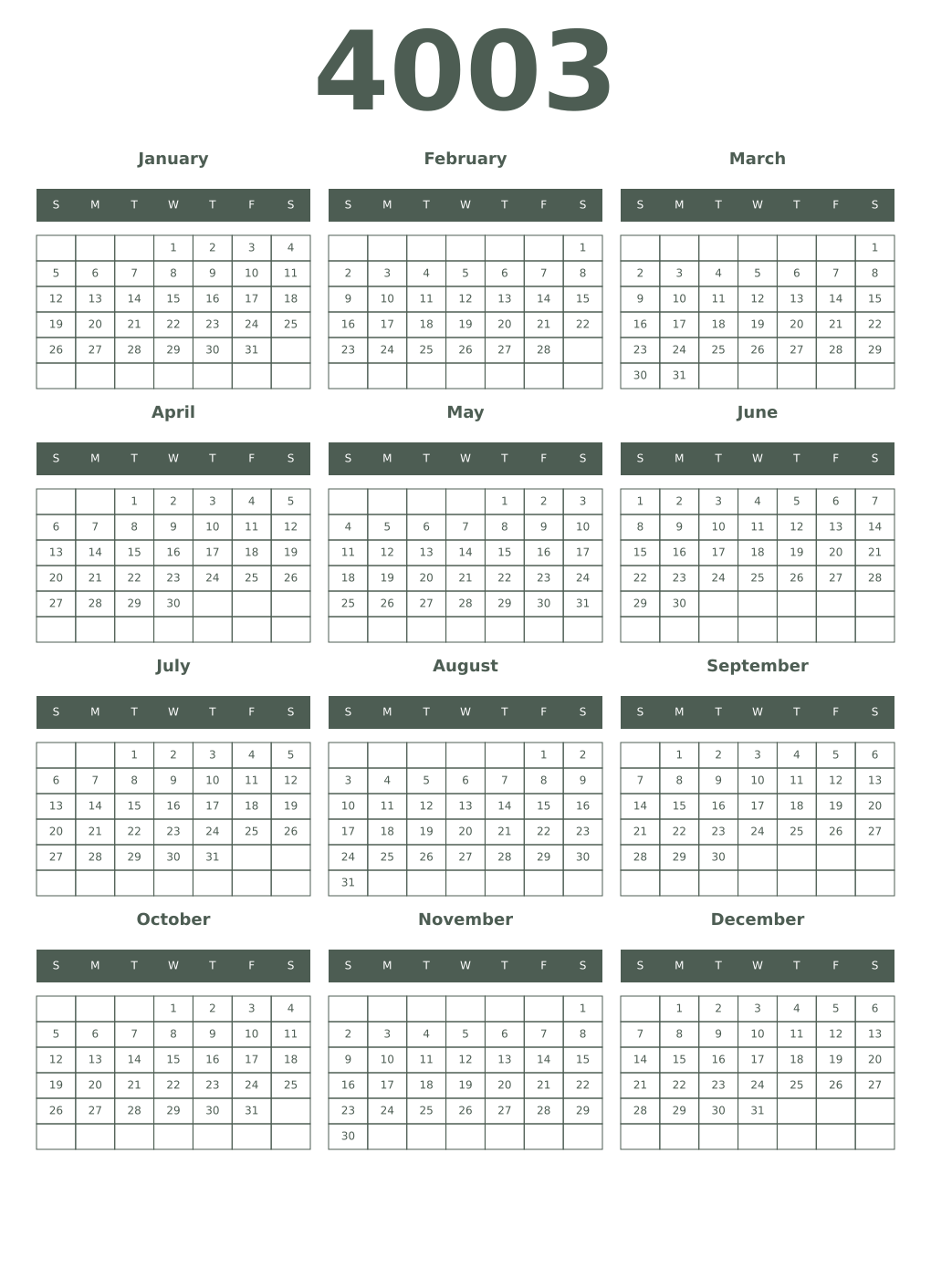Printable 4003 Year Calendars feldgrau